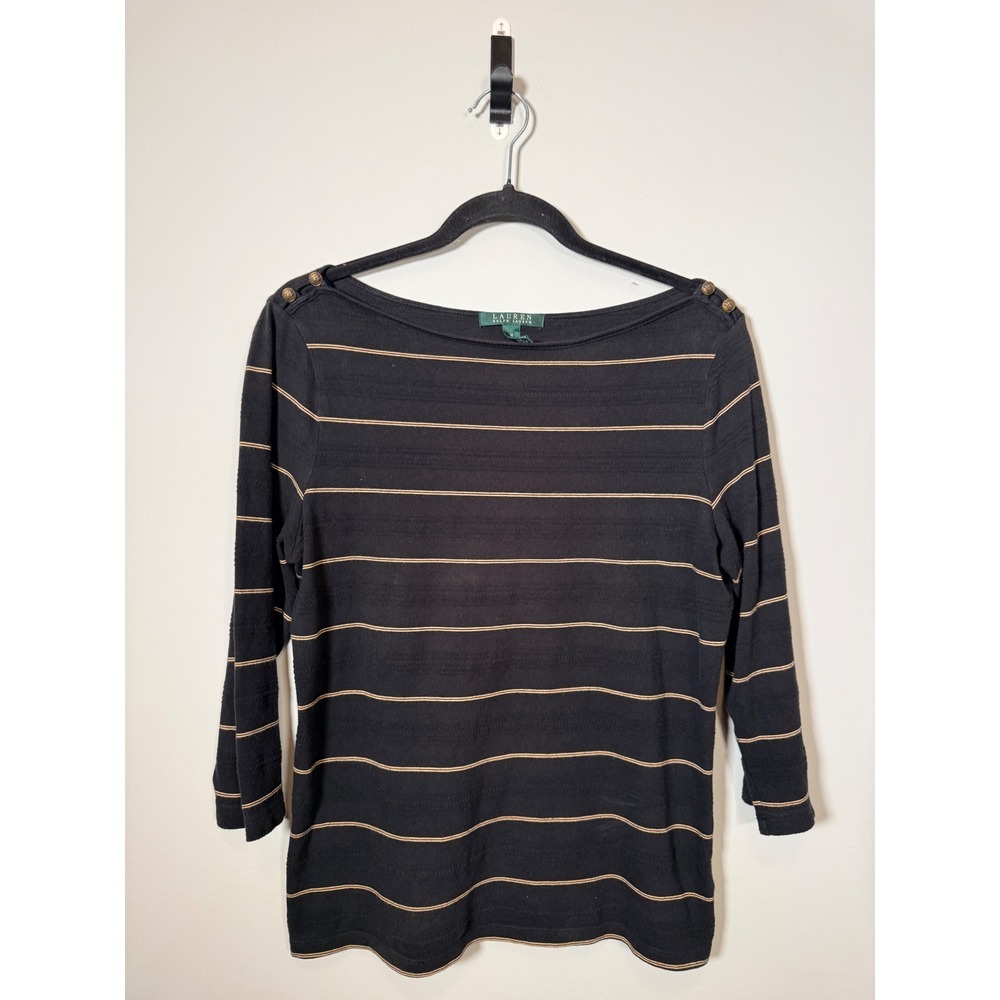 Lauren Ralph Lauren Striped Boat Neck Top Black Gold Button Shoulder Size M
